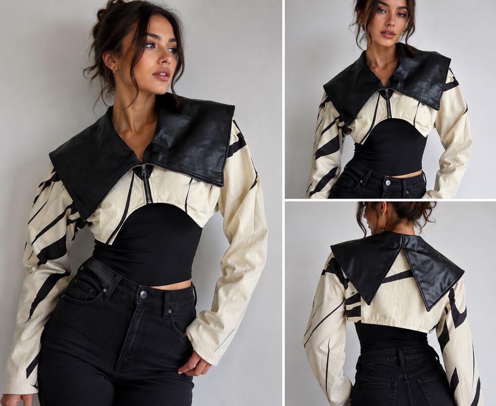 Athina Women S Cropped Bolero Shrug Jacket Faux Leather Collar Cream Black